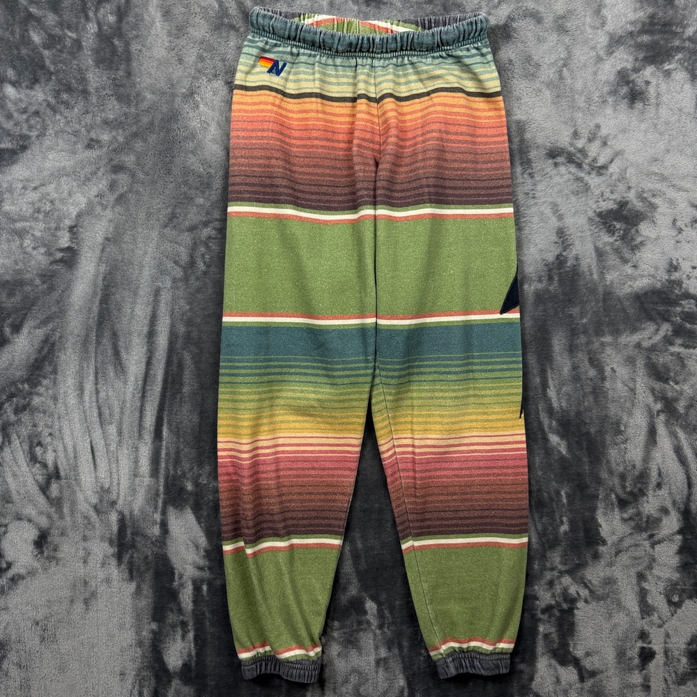 Aviator Nation Sweatpants Mens Size S Green Multi Stripe Lightning Bolt Joggers